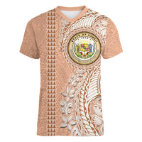 Hawaii Tropical Flowers with Kakau Tribal Women V Neck T Shirt Peach Fuzz Color LT03 Female Peach Fuzz - Polynesian Pride
