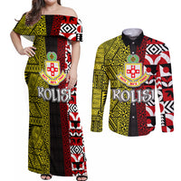 Tonga Kolisi Tonga Couples Matching Off Shoulder Maxi Dress and Long Sleeve Button Shirt Ngatu and Geometric Pattern LT03 Red - Polynesian Pride