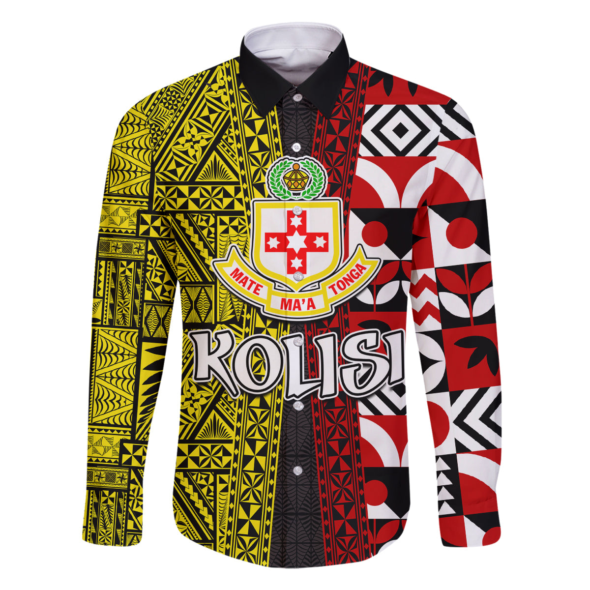 Tonga Kolisi Tonga Family Matching Off Shoulder Short Dress and Hawaiian Shirt Ngatu and Geometric Pattern LT03 Dad's Shirt - Long Sleeve Red - Polynesian Pride