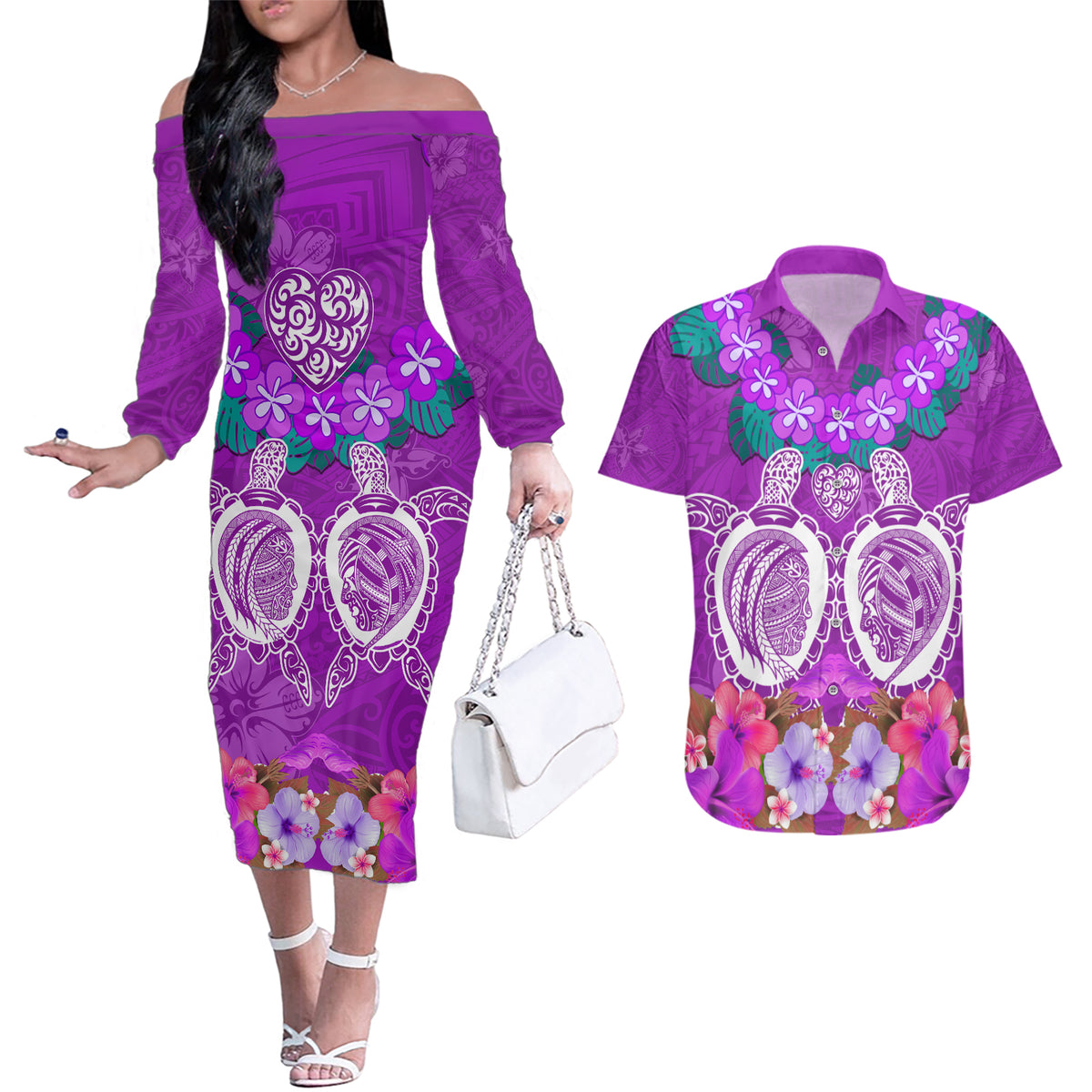 Polynesian Valentine Day Couples Matching Off The Shoulder Long Sleeve Dress and Hawaiian Shirt Love Couple Turtle Maori Hibiscus Purple LT03 Purple - Polynesian Pride