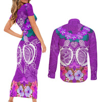 Polynesian Valentine Day Couples Matching Short Sleeve Bodycon Dress and Long Sleeve Button Shirt Love Couple Turtle Maori Hibiscus Purple LT03 - Polynesian Pride