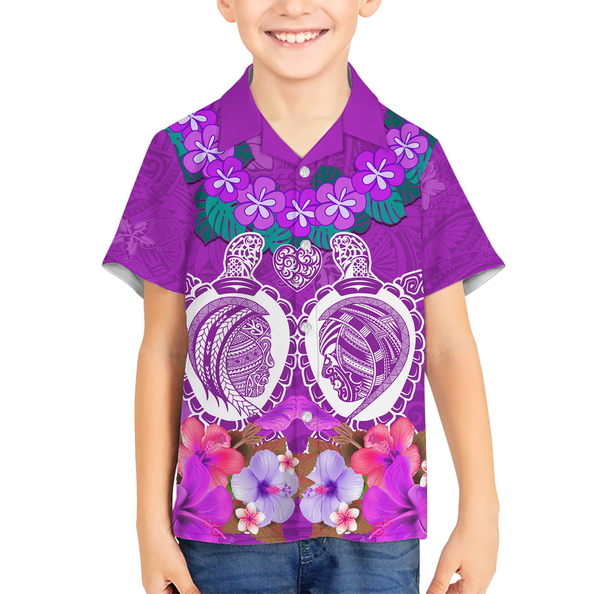 Polynesian Valentine Day Family Matching Short Sleeve Bodycon Dress and Hawaiian Shirt Love Couple Turtle Maori Hibiscus Purple LT03 Son's Shirt Purple - Polynesian Pride