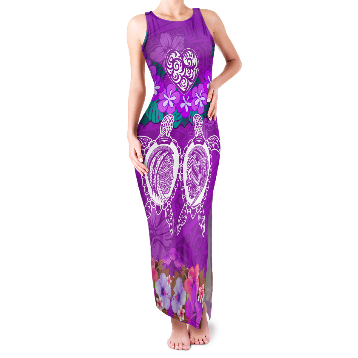Polynesian Valentine Day Family Matching Tank Maxi Dress and Hawaiian Shirt Love Couple Turtle Maori Hibiscus Purple LT03 Mom's Dress Purple - Polynesian Pride
