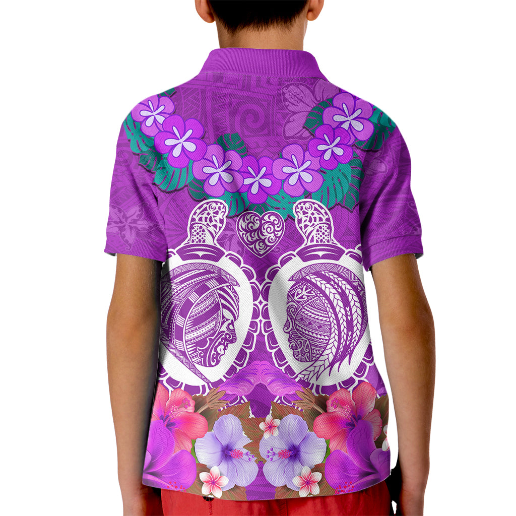 Polynesian Valentine Day Kid Polo Shirt Love Couple Turtle Maori Hibiscus Purple LT03 - Polynesian Pride