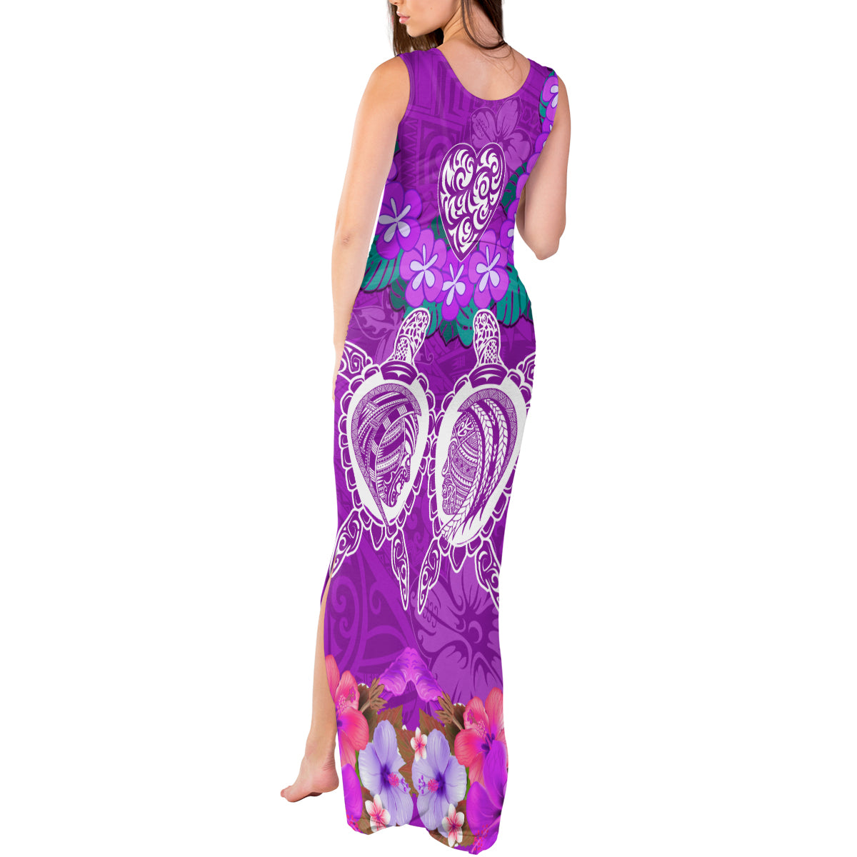 Polynesian Valentine Day Tank Maxi Dress Love Couple Turtle Maori Hibiscus Purple LT03 - Polynesian Pride