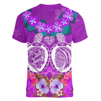 Polynesian Valentine Day Women V Neck T Shirt Love Couple Turtle Maori Hibiscus Purple LT03 - Polynesian Pride