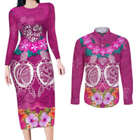 Polynesian Valentine Day Couples Matching Long Sleeve Bodycon Dress and Long Sleeve Button Shirt Love Couple Turtle Maori Hibiscus Pink LT03 Pink - Polynesian Pride