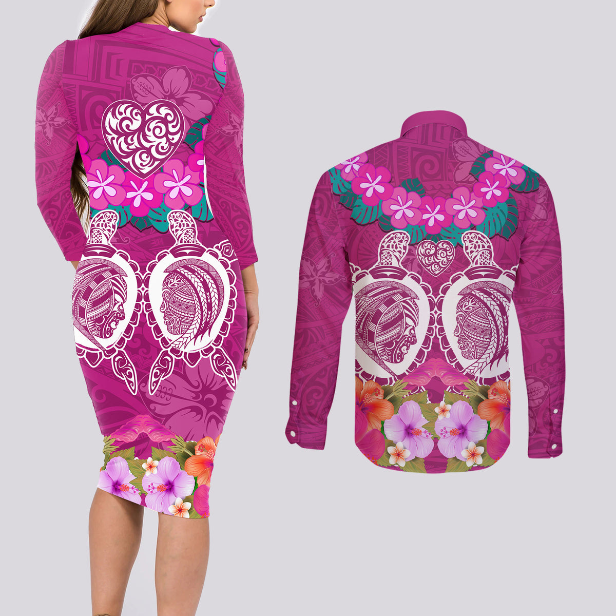 Polynesian Valentine Day Couples Matching Long Sleeve Bodycon Dress and Long Sleeve Button Shirt Love Couple Turtle Maori Hibiscus Pink LT03 - Polynesian Pride