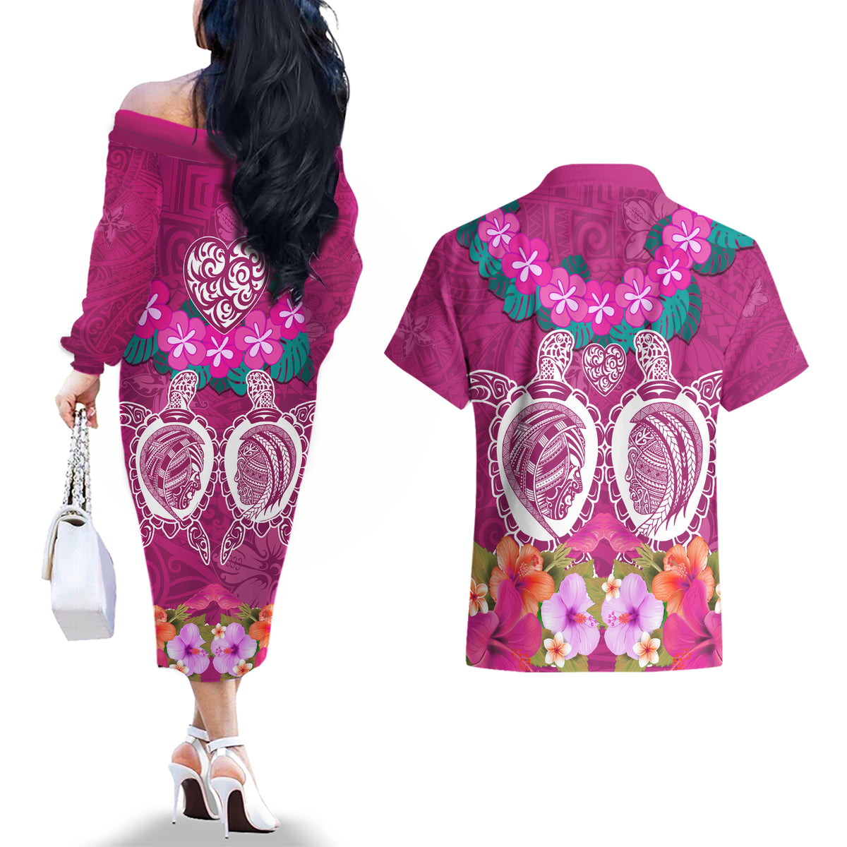 Polynesian Valentine Day Couples Matching Off The Shoulder Long Sleeve Dress and Hawaiian Shirt Love Couple Turtle Maori Hibiscus Pink LT03 - Polynesian Pride