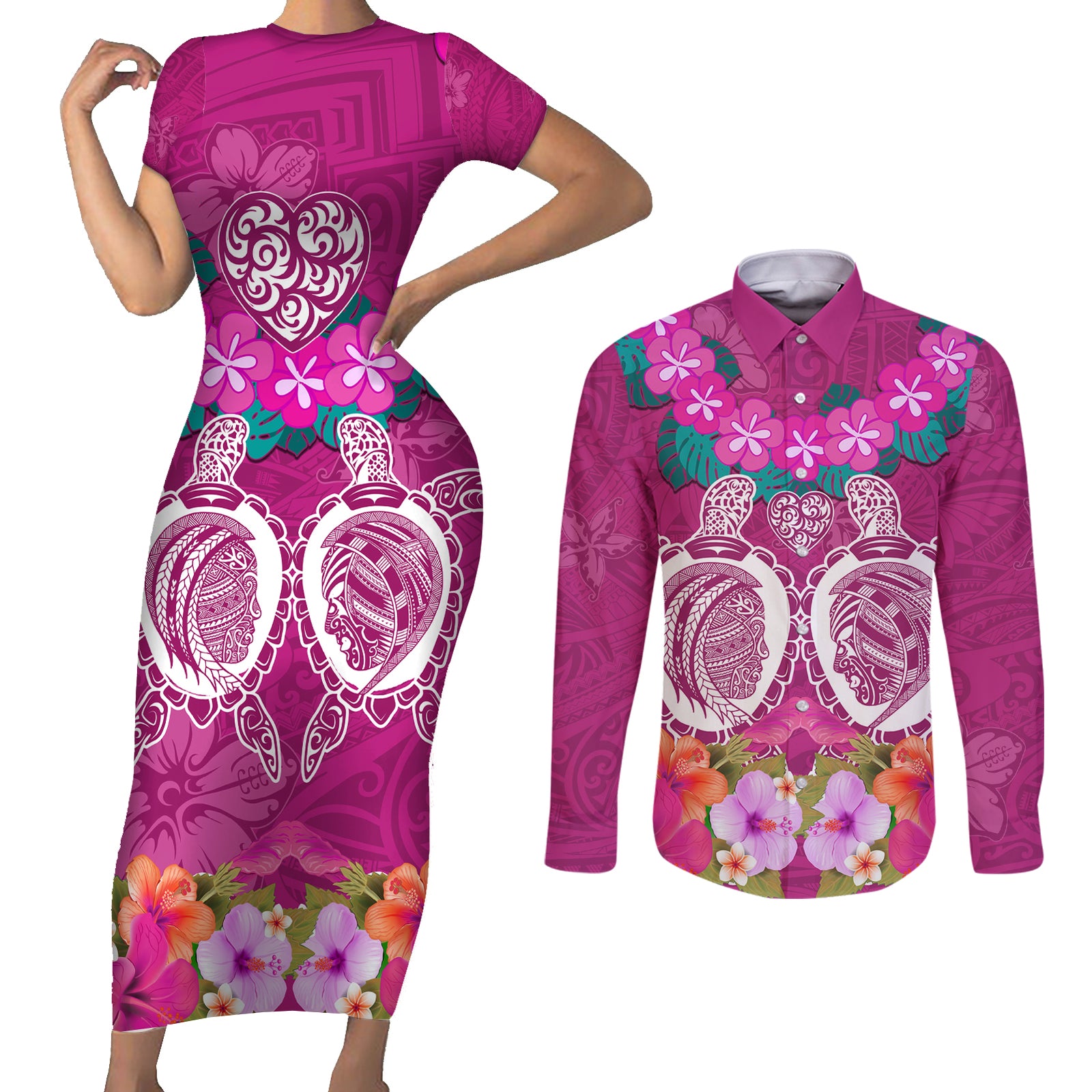 Polynesian Valentine Day Couples Matching Short Sleeve Bodycon Dress and Long Sleeve Button Shirt Love Couple Turtle Maori Hibiscus Pink LT03 Pink - Polynesian Pride