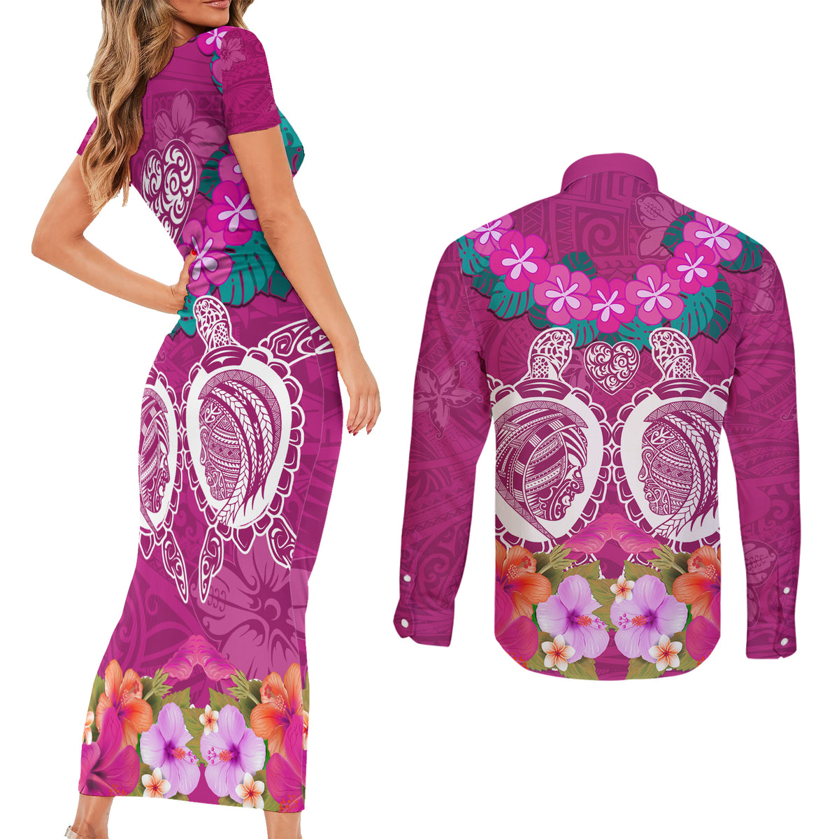 Polynesian Valentine Day Couples Matching Short Sleeve Bodycon Dress and Long Sleeve Button Shirt Love Couple Turtle Maori Hibiscus Pink LT03 - Polynesian Pride