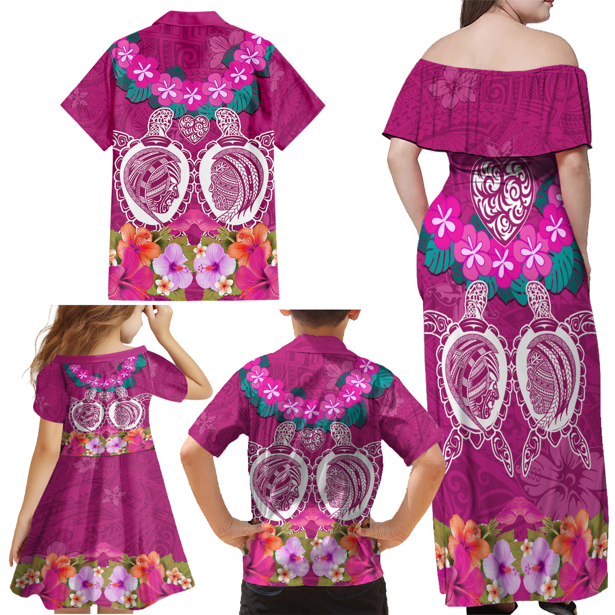 Polynesian Valentine Day Family Matching Off Shoulder Maxi Dress and Hawaiian Shirt Love Couple Turtle Maori Hibiscus Pink LT03 - Polynesian Pride