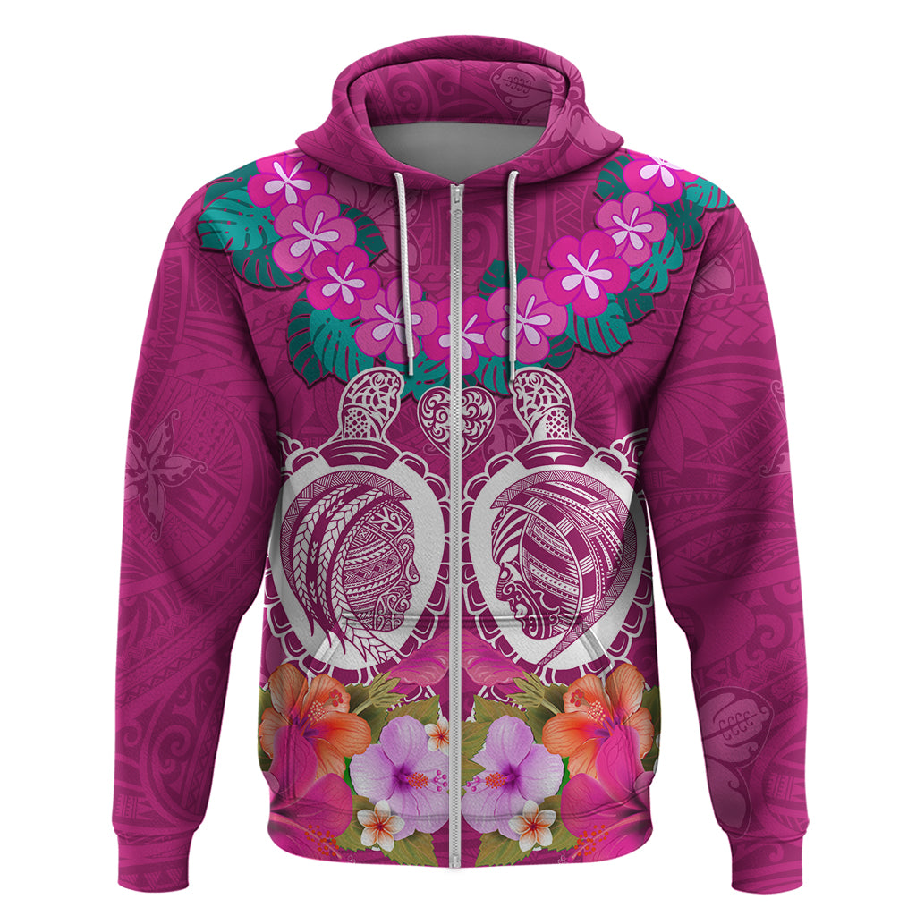 Polynesian Valentine Day Hoodie Love Couple Turtle Maori Hibiscus Pink LT03 Zip Hoodie Pink - Polynesian Pride