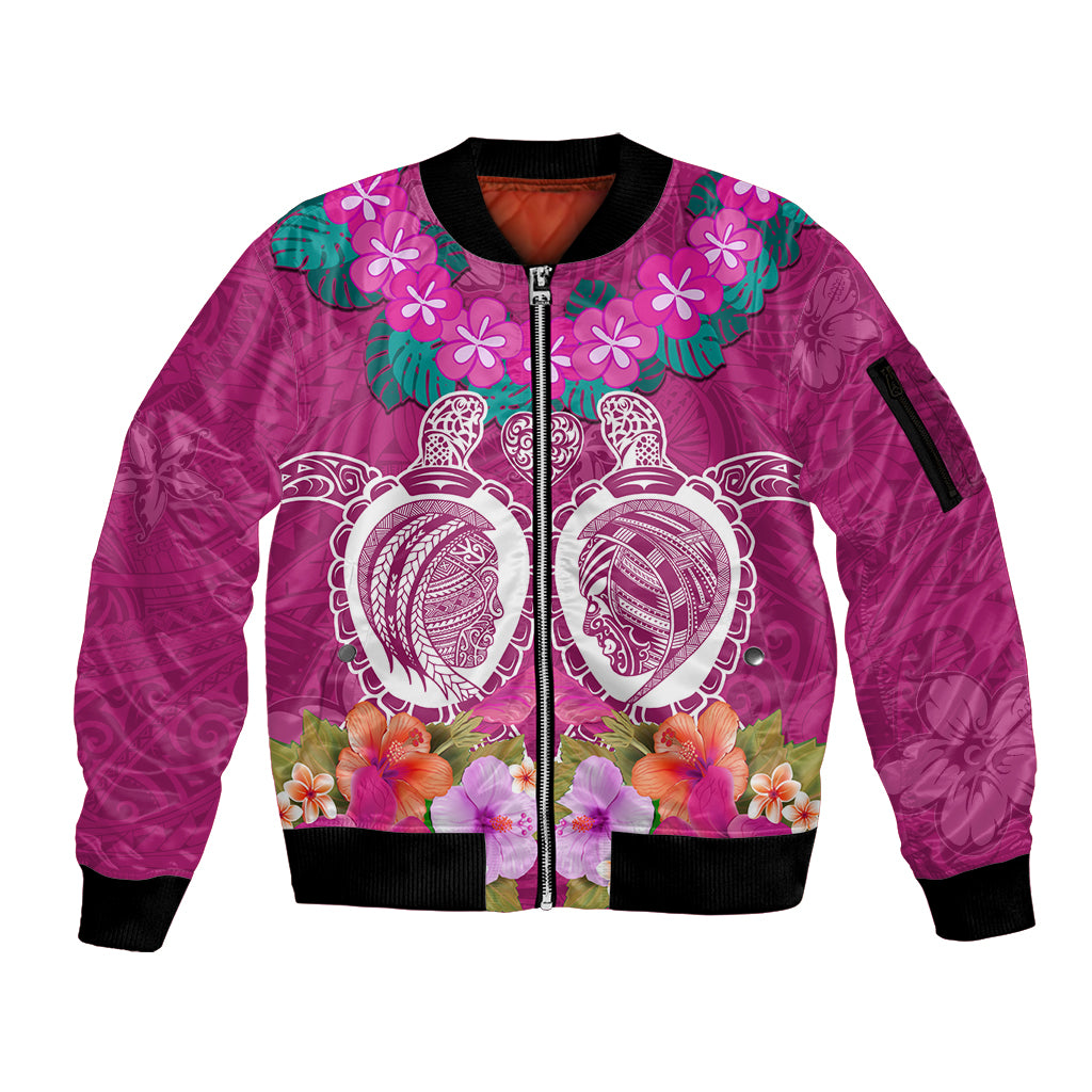 Polynesian Valentine Day Sleeve Zip Bomber Jacket Love Couple Turtle Maori Hibiscus Pink LT03 Unisex Pink - Polynesian Pride