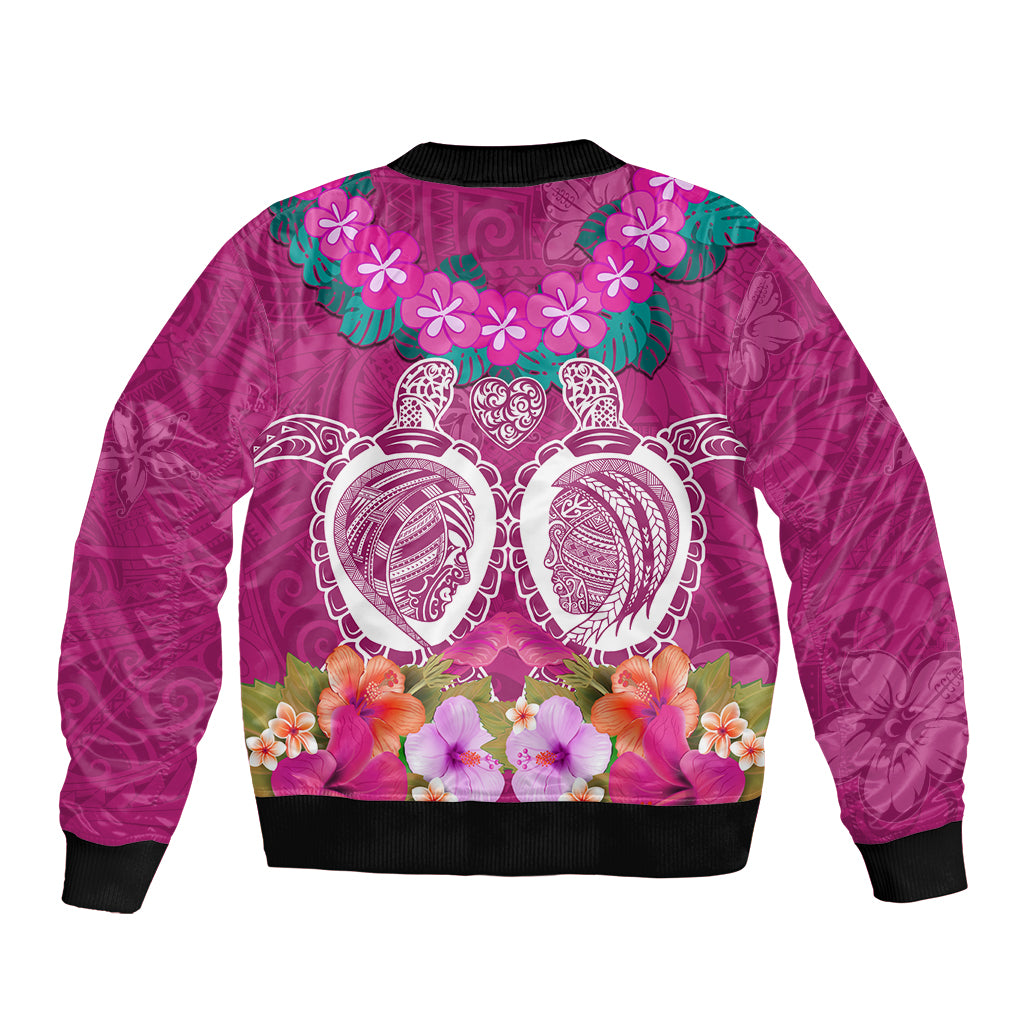 Polynesian Valentine Day Sleeve Zip Bomber Jacket Love Couple Turtle Maori Hibiscus Pink LT03 - Polynesian Pride