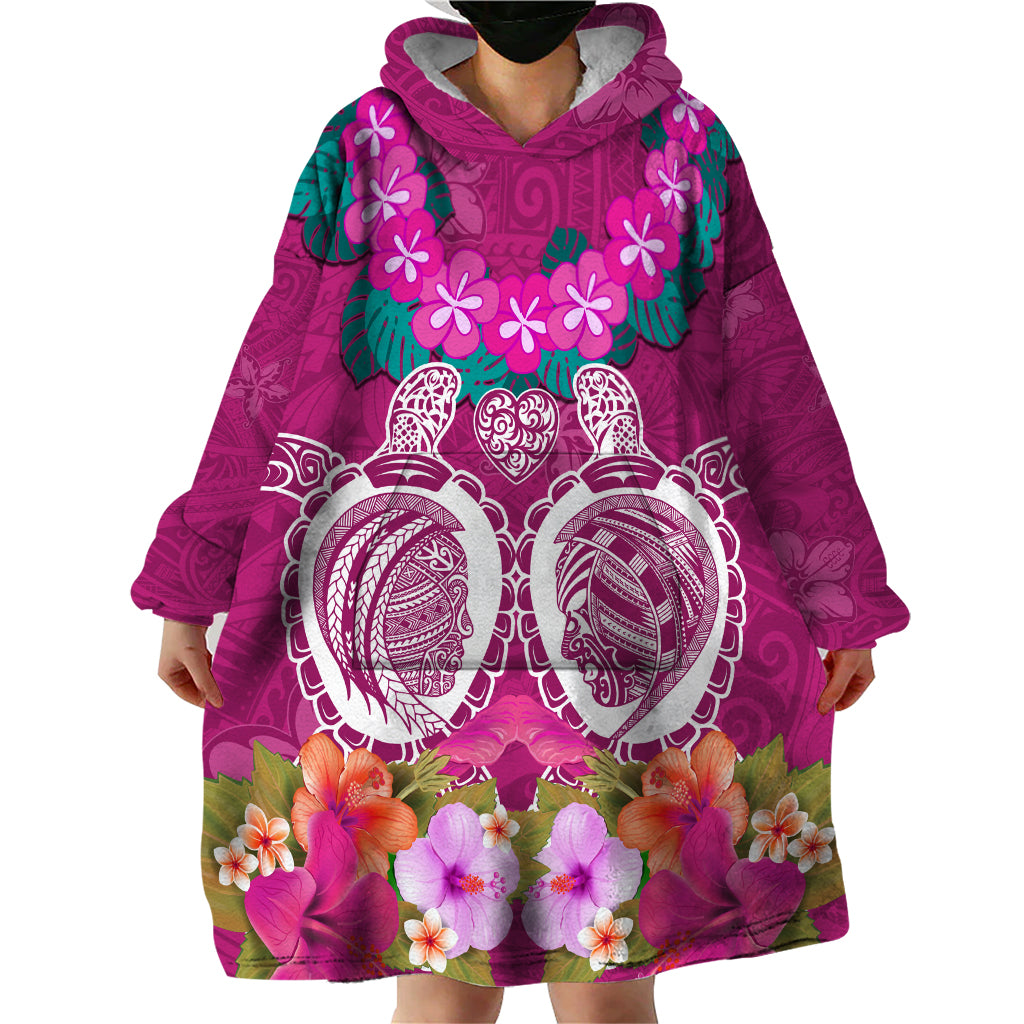 Polynesian Valentine Day Wearable Blanket Hoodie Love Couple Turtle Maori Hibiscus Pink LT03 - Polynesian Pride