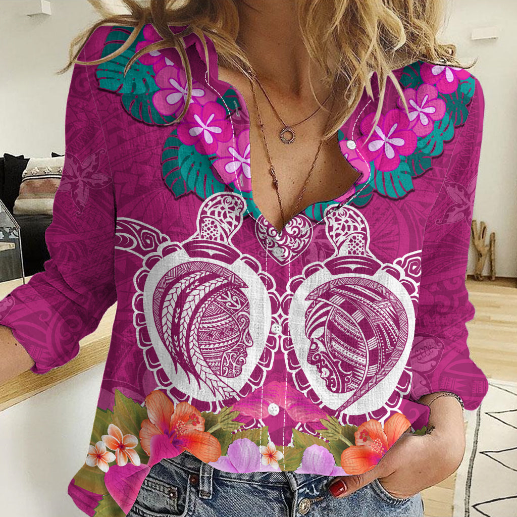 Polynesian Valentine Day Women Casual Shirt Love Couple Turtle Maori Hibiscus Pink LT03 Female Pink - Polynesian Pride