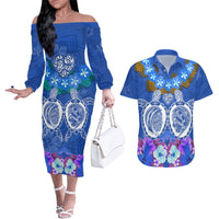 Polynesian Valentine Day Couples Matching Off The Shoulder Long Sleeve Dress and Hawaiian Shirt Love Couple Turtle Maori Hibiscus Blue LT03 Blue - Polynesian Pride