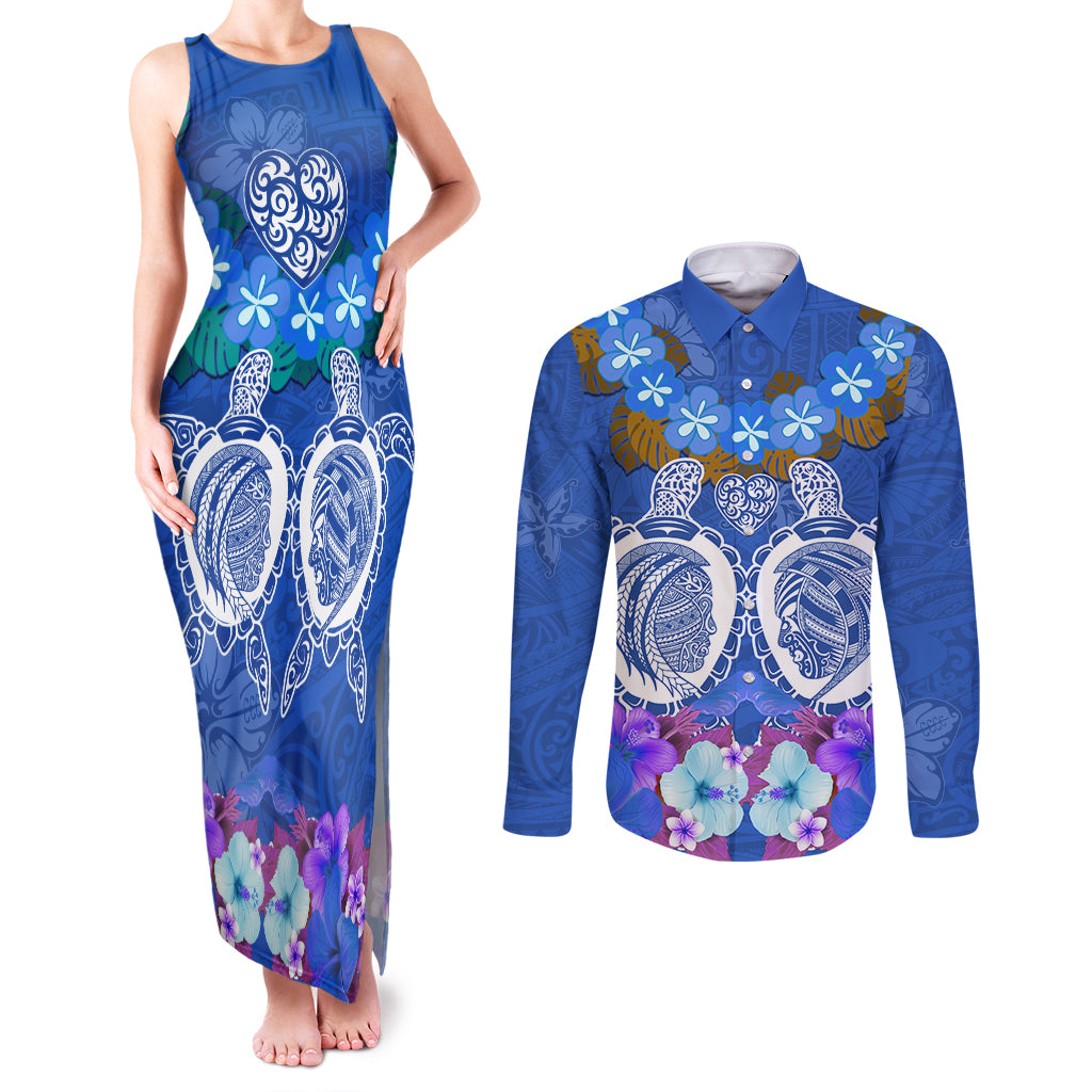 Polynesian Valentine Day Couples Matching Tank Maxi Dress and Long Sleeve Button Shirt Love Couple Turtle Maori Hibiscus Blue LT03 Blue - Polynesian Pride
