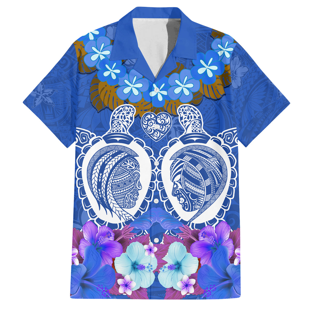 Polynesian Valentine Day Family Matching Long Sleeve Bodycon Dress and Hawaiian Shirt Love Couple Turtle Maori Hibiscus Blue LT03 Dad's Shirt - Short Sleeve Blue - Polynesian Pride