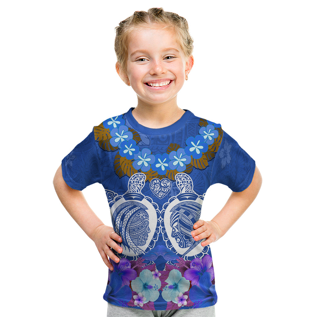 Polynesian Valentine Day Kid T Shirt Love Couple Turtle Maori Hibiscus Blue LT03 Blue - Polynesian Pride