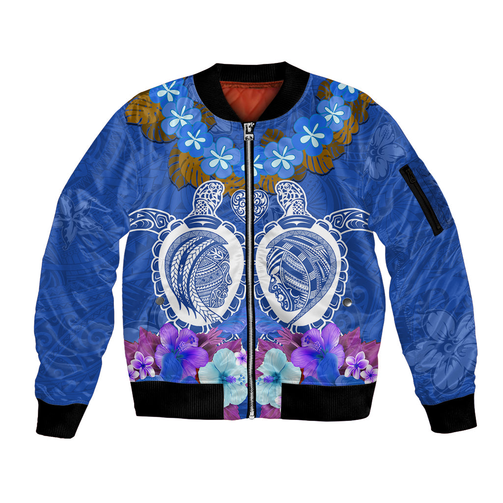 Polynesian Valentine Day Sleeve Zip Bomber Jacket Love Couple Turtle Maori Hibiscus Blue LT03 Unisex Blue - Polynesian Pride