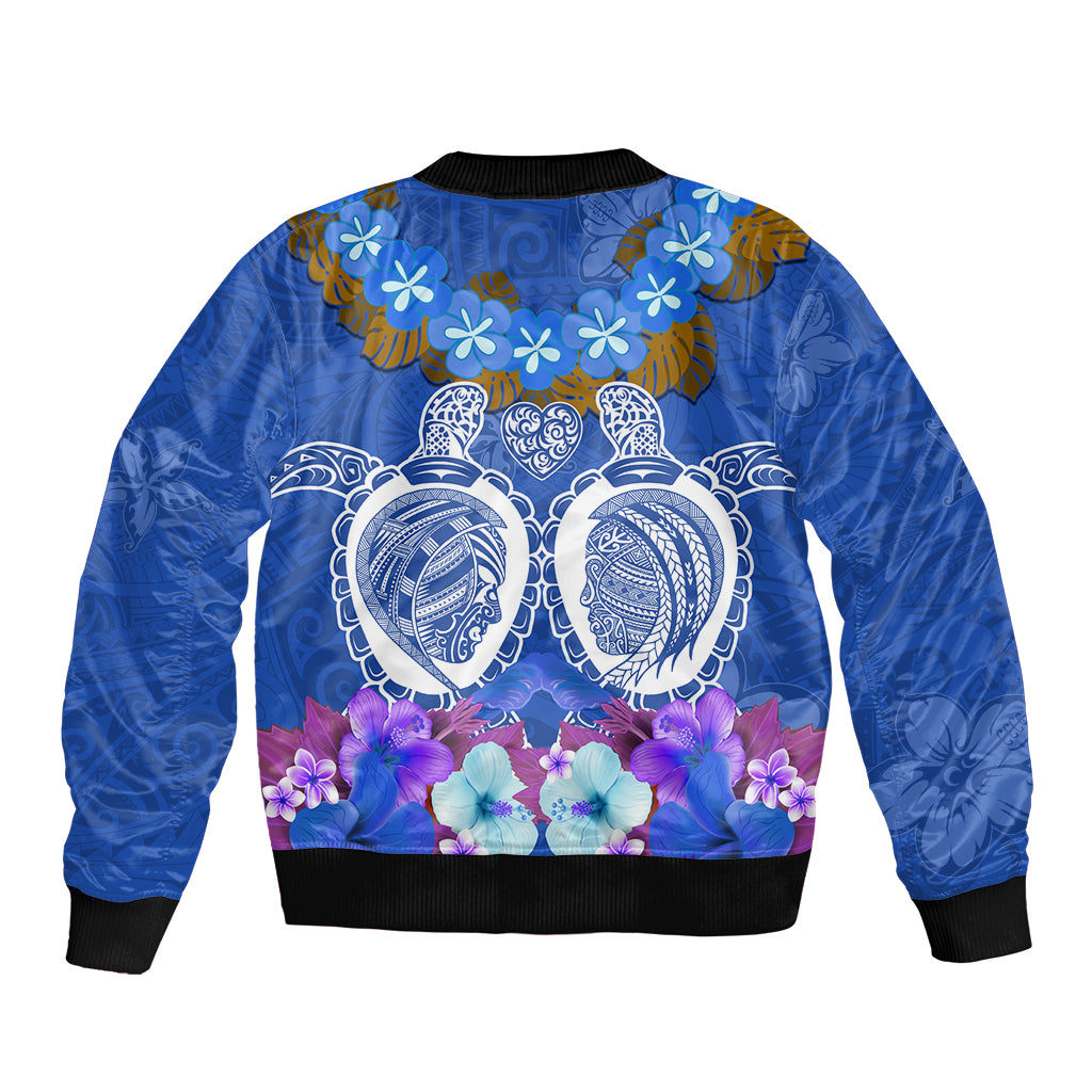 Polynesian Valentine Day Sleeve Zip Bomber Jacket Love Couple Turtle Maori Hibiscus Blue LT03 - Polynesian Pride