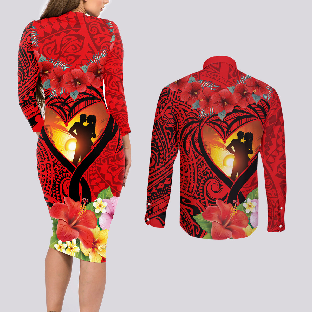 Hawaii Valentine Day Couples Matching Long Sleeve Bodycon Dress and Long Sleeve Button Shirt Couple on Beach mix Hibiscus and Polynesian Tattoo LT03 - Polynesian Pride