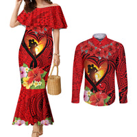 Hawaii Valentine Day Couples Matching Mermaid Dress and Long Sleeve Button Shirt Couple on Beach mix Hibiscus and Polynesian Tattoo LT03 Red - Polynesian Pride