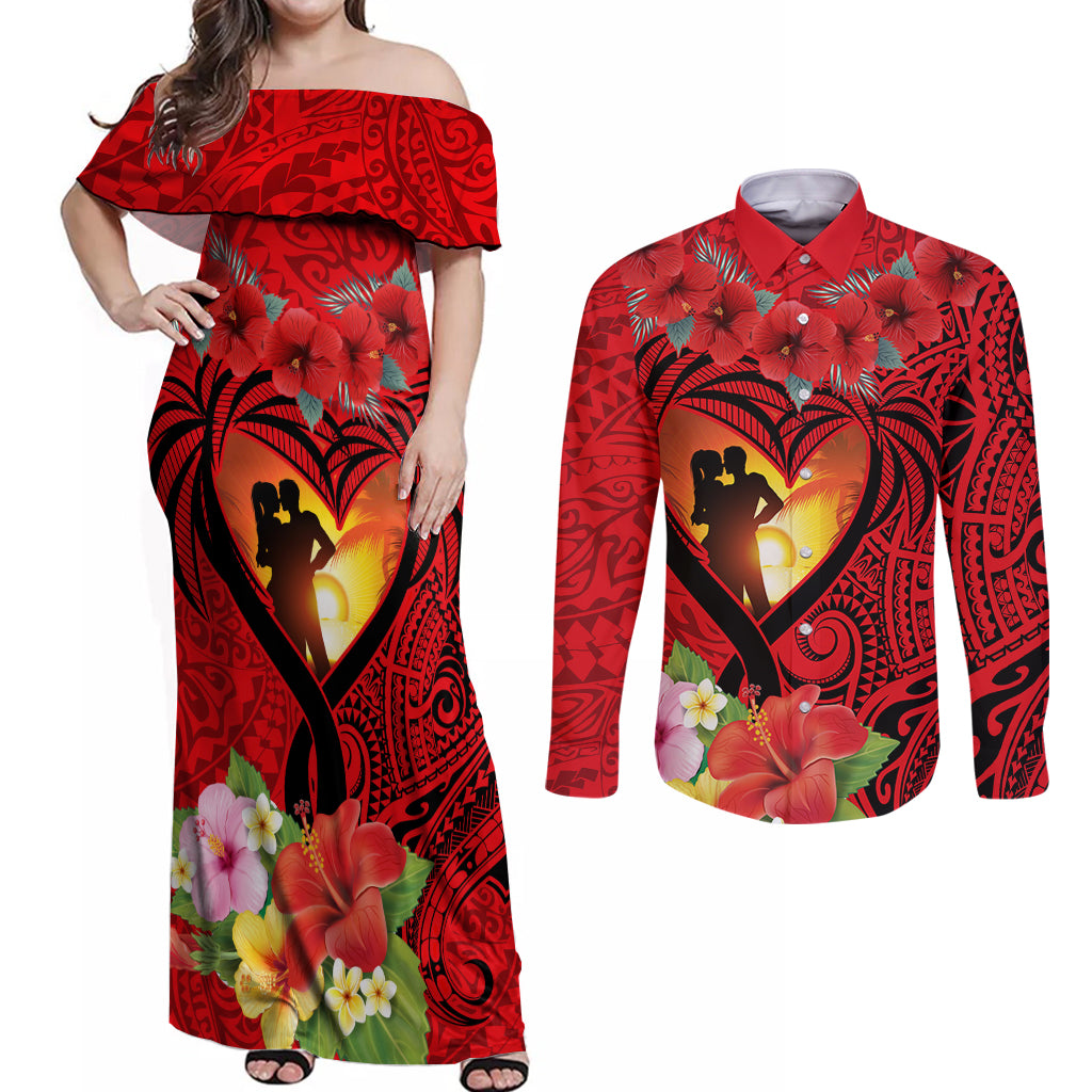 Hawaii Valentine Day Couples Matching Off Shoulder Maxi Dress and Long Sleeve Button Shirt Couple on Beach mix Hibiscus and Polynesian Tattoo LT03 Red - Polynesian Pride