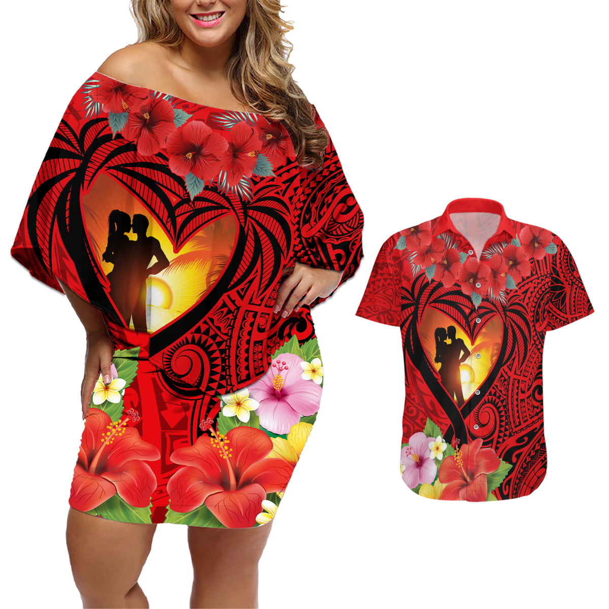 Hawaii Valentine Day Couples Matching Off Shoulder Short Dress and Hawaiian Shirt Couple on Beach mix Hibiscus and Polynesian Tattoo LT03 Red - Polynesian Pride