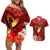 Hawaii Valentine Day Couples Matching Off Shoulder Short Dress and Hawaiian Shirt Couple on Beach mix Hibiscus and Polynesian Tattoo LT03 Red - Polynesian Pride