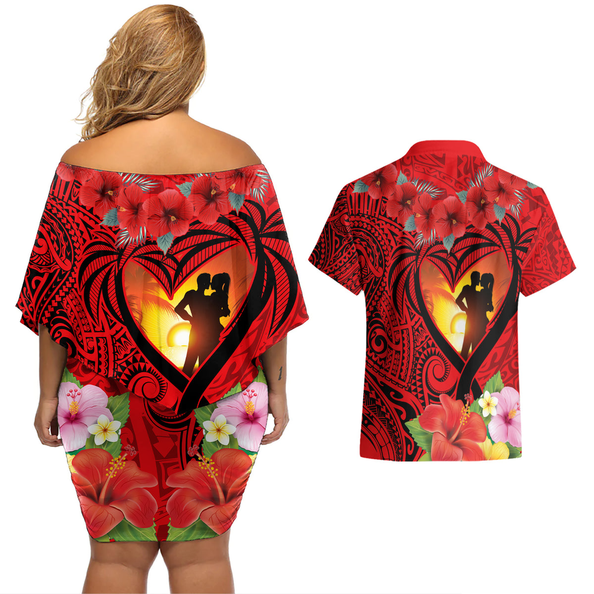 Hawaii Valentine Day Couples Matching Off Shoulder Short Dress and Hawaiian Shirt Couple on Beach mix Hibiscus and Polynesian Tattoo LT03 - Polynesian Pride