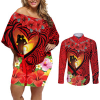 Hawaii Valentine Day Couples Matching Off Shoulder Short Dress and Long Sleeve Button Shirt Couple on Beach mix Hibiscus and Polynesian Tattoo LT03 Red - Polynesian Pride