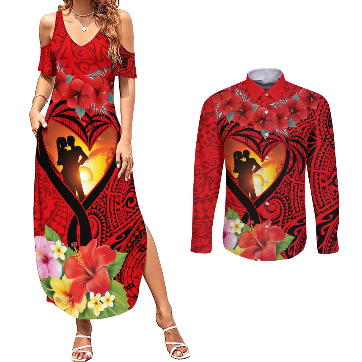 Hawaii Valentine Day Couples Matching Summer Maxi Dress and Long Sleeve Button Shirt Couple on Beach mix Hibiscus and Polynesian Tattoo LT03 Red - Polynesian Pride