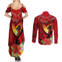 Hawaii Valentine Day Couples Matching Summer Maxi Dress and Long Sleeve Button Shirt Couple on Beach mix Hibiscus and Polynesian Tattoo LT03 - Polynesian Pride