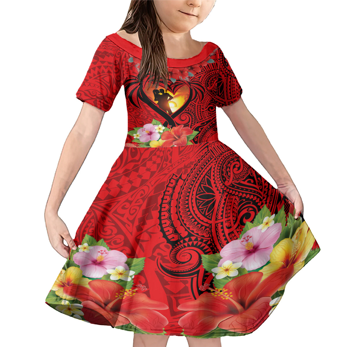 Hawaii Valentine Day Family Matching Mermaid Dress and Hawaiian Shirt Couple on Beach mix Hibiscus and Polynesian Tattoo LT03 Daughter's Dress Red - Polynesian Pride