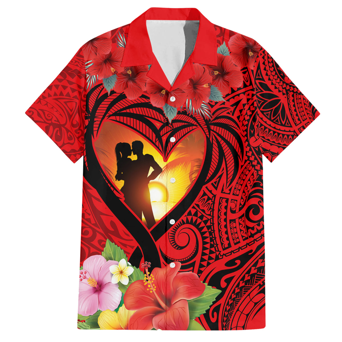 Hawaii Valentine Day Family Matching Short Sleeve Bodycon Dress and Hawaiian Shirt Couple on Beach mix Hibiscus and Polynesian Tattoo LT03 Dad's Shirt - Short Sleeve Red - Polynesian Pride