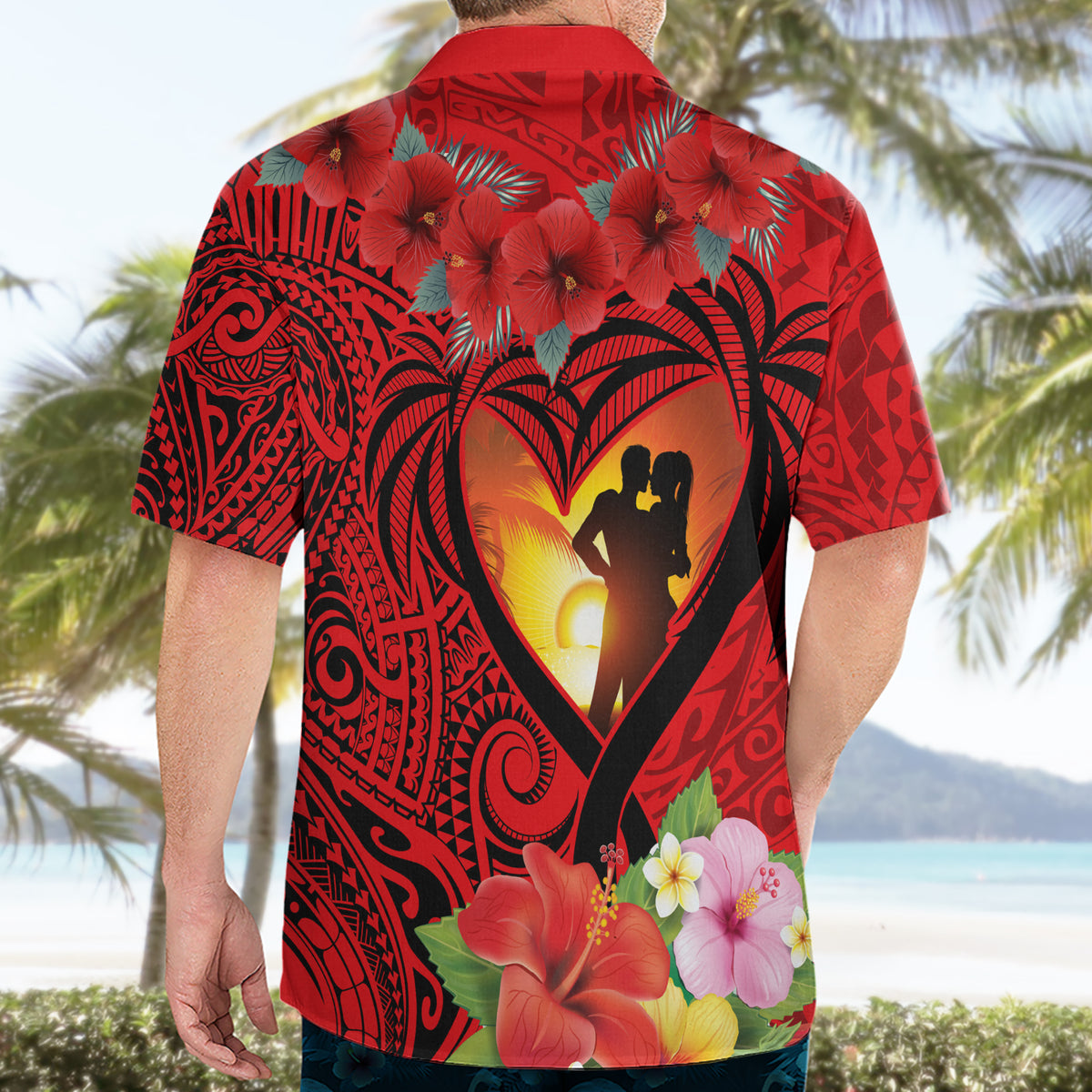 Hawaii Valentine Day Hawaiian Shirt Couple on Beach mix Hibiscus and Polynesian Tattoo LT03 - Polynesian Pride