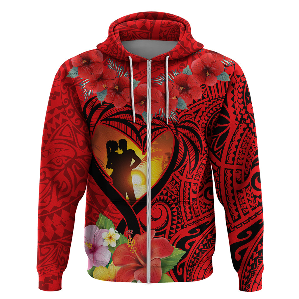 Hawaii Valentine Day Hoodie Couple on Beach mix Hibiscus and Polynesian Tattoo LT03 Zip Hoodie Red - Polynesian Pride