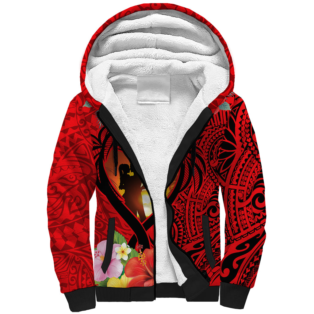 Hawaii Valentine Day Sherpa Hoodie Couple on Beach mix Hibiscus and Polynesian Tattoo LT03 Unisex Red - Polynesian Pride