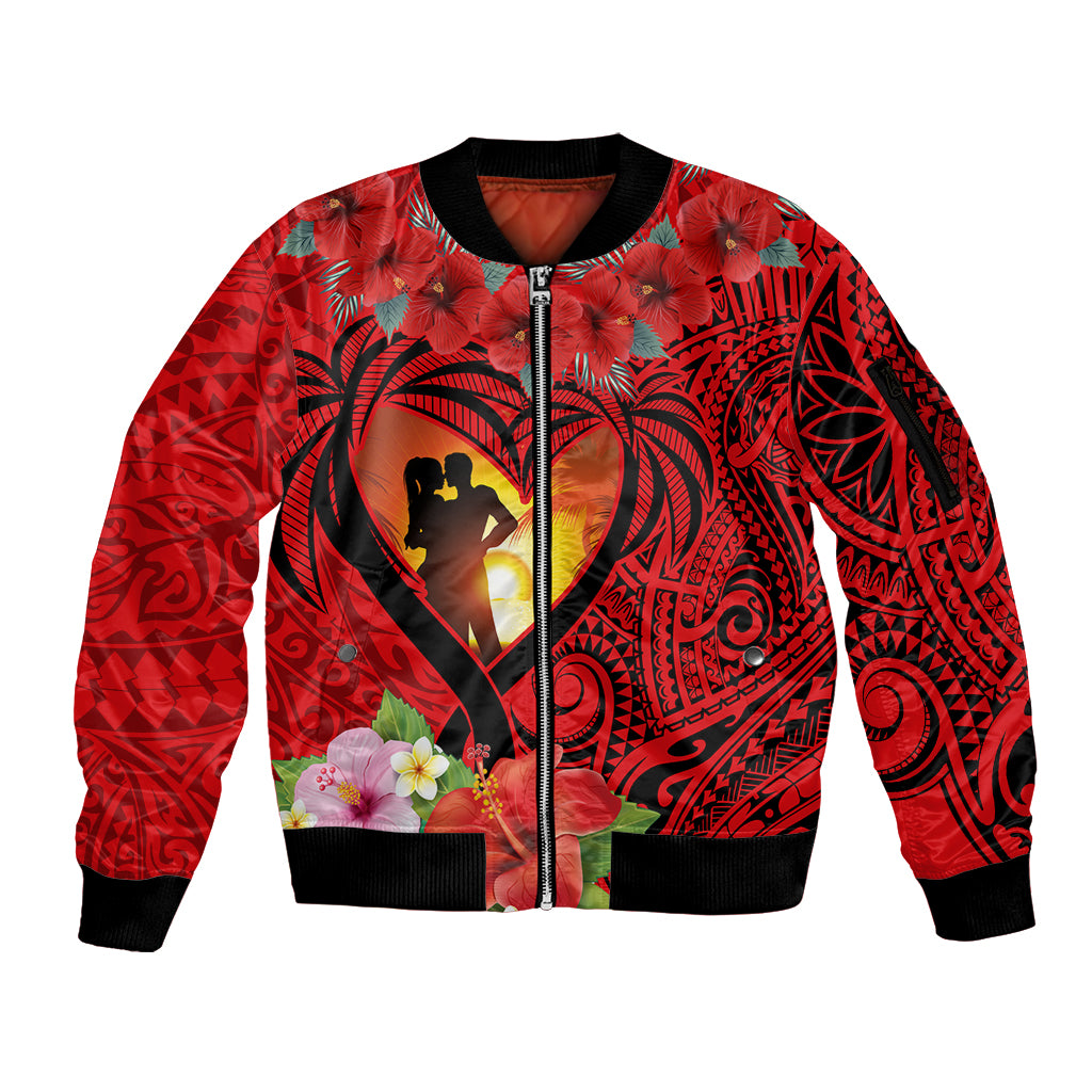 Hawaii Valentine Day Sleeve Zip Bomber Jacket Couple on Beach mix Hibiscus and Polynesian Tattoo LT03 Unisex Red - Polynesian Pride