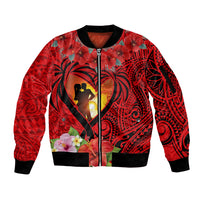Hawaii Valentine Day Sleeve Zip Bomber Jacket Couple on Beach mix Hibiscus and Polynesian Tattoo LT03 Unisex Red - Polynesian Pride