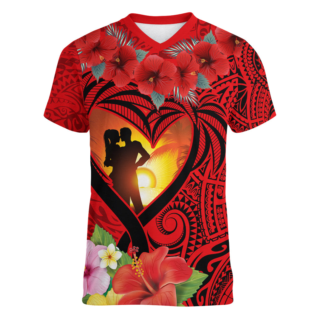 Hawaii Valentine Day Women V Neck T Shirt Couple on Beach mix Hibiscus and Polynesian Tattoo LT03 Female Red - Polynesian Pride