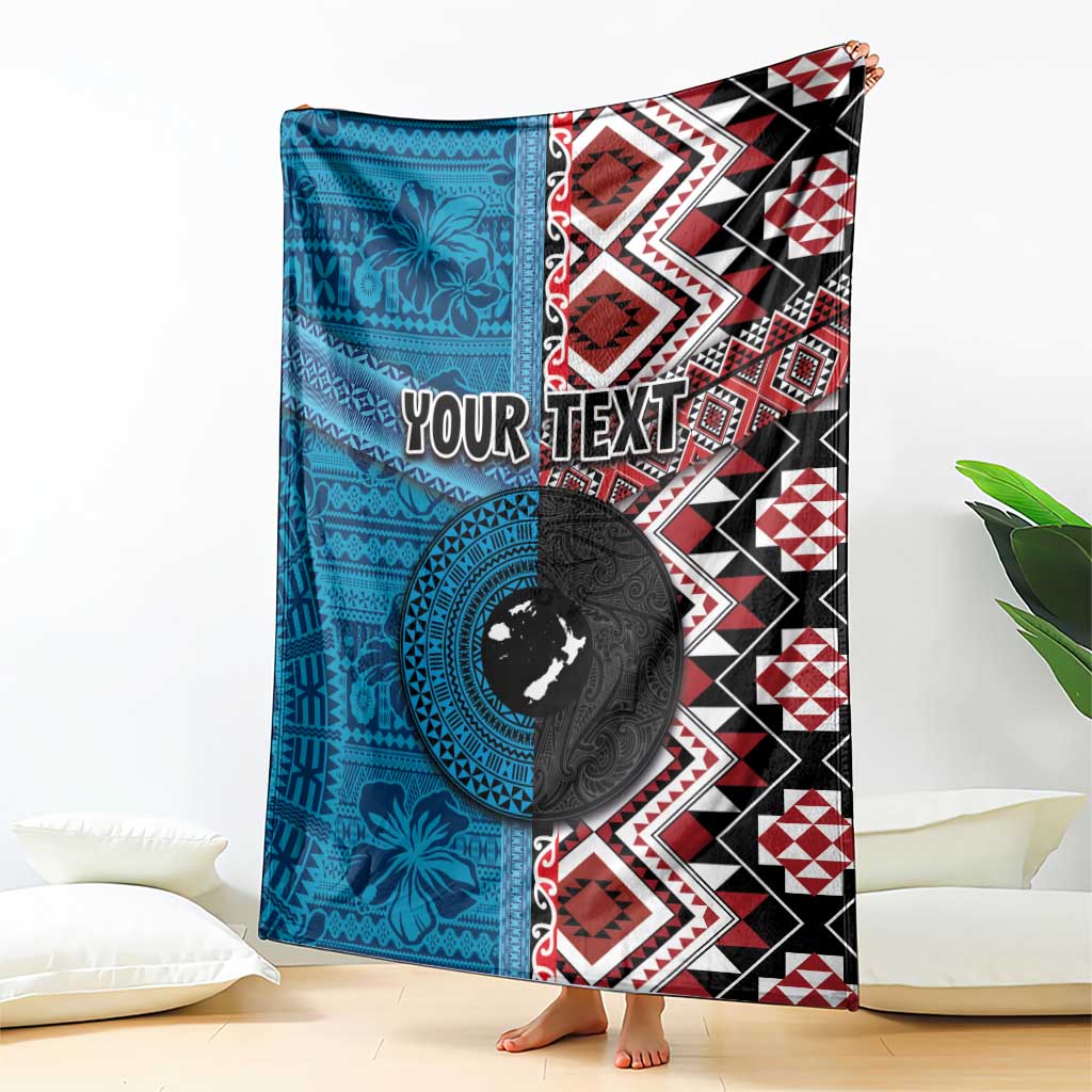 Personalised Aotearoa and Fiji Together Blanket Melanesian Warrior and Koru - Taniko with Hibiscus Tapa Pattern