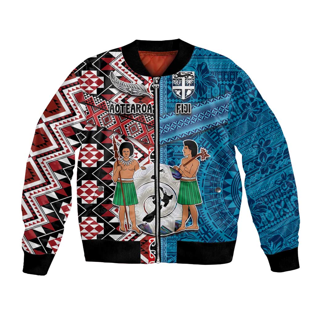 Personalised Aotearoa and Fiji Together Bomber Jacket Melanesian Warrior and Koru - Taniko with Hibiscus Tapa Pattern