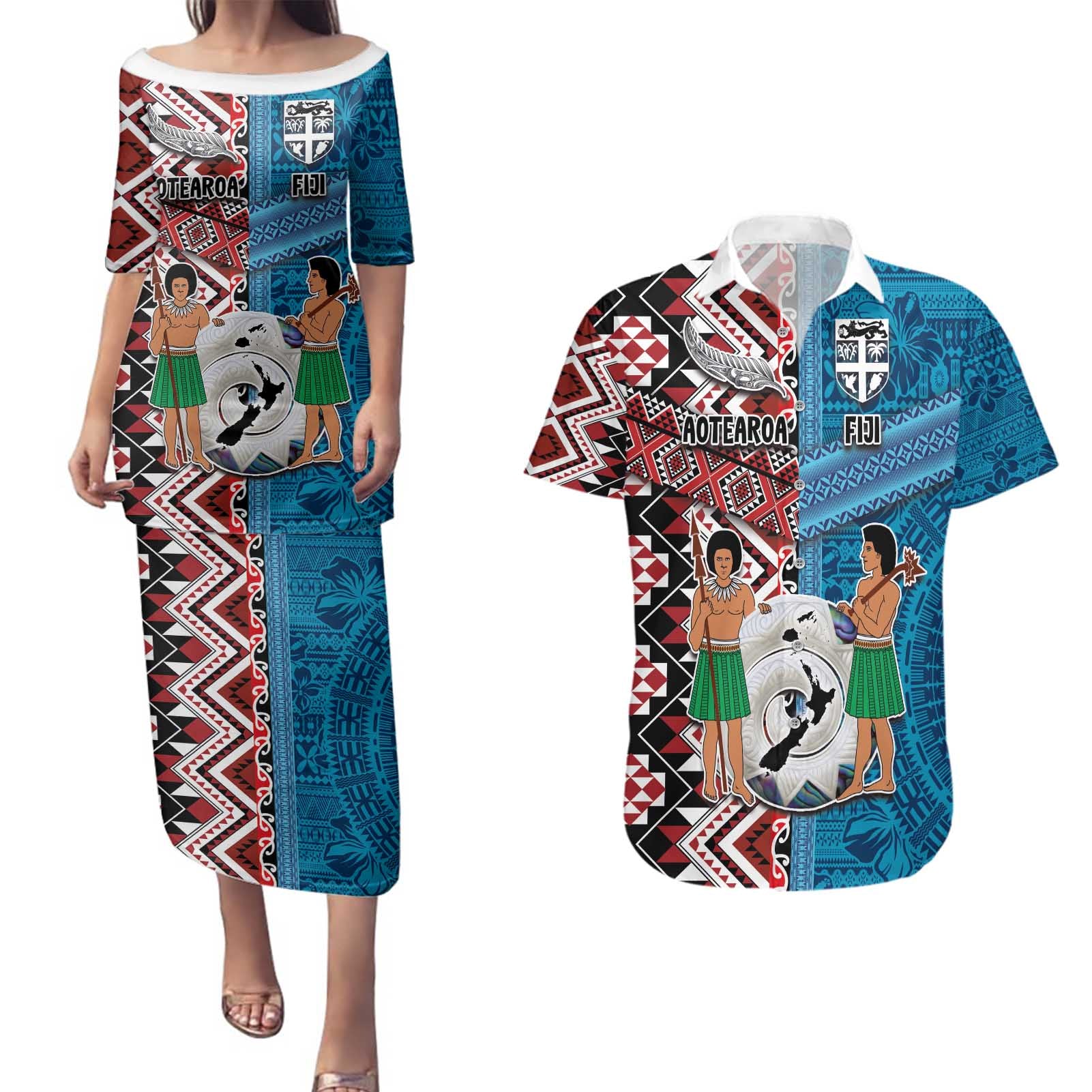 Personalised Aotearoa and Fiji Together Couples Matching Puletasi and Hawaiian Shirt Melanesian Warrior and Koru - Taniko with Hibiscus Tapa Pattern