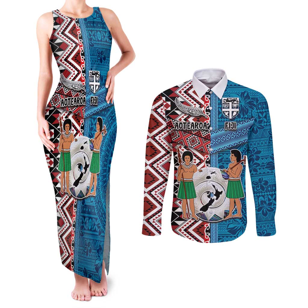 Personalised Aotearoa and Fiji Together Couples Matching Tank Maxi Dress and Long Sleeve Button Shirt Melanesian Warrior and Koru - Taniko with Hibiscus Tapa Pattern LT03 Blue - Polynesian Pride