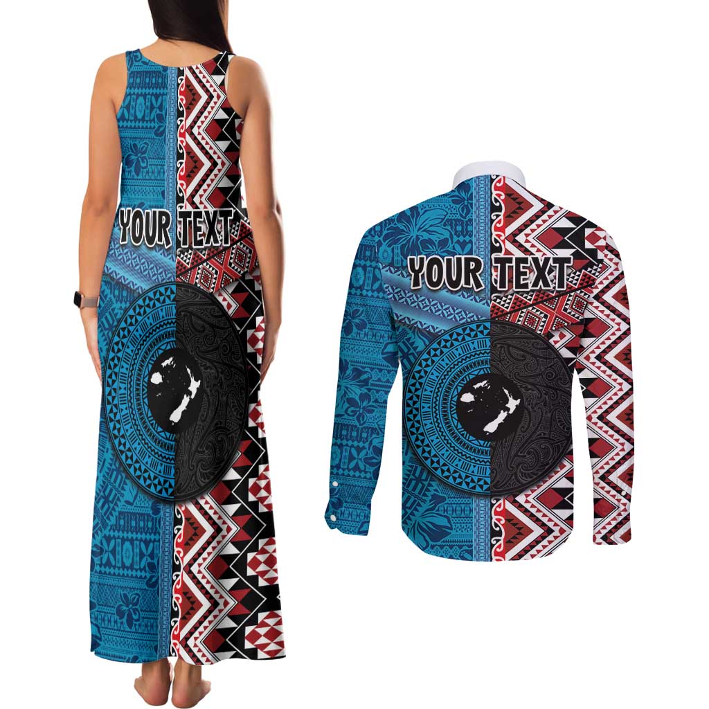 Personalised Aotearoa and Fiji Together Couples Matching Tank Maxi Dress and Long Sleeve Button Shirt Melanesian Warrior and Koru - Taniko with Hibiscus Tapa Pattern LT03 - Polynesian Pride