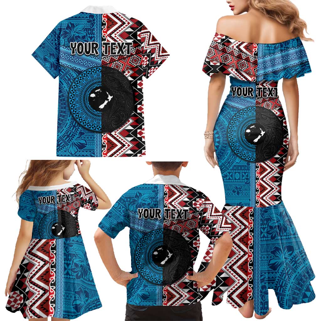 Personalised Aotearoa and Fiji Together Family Matching Mermaid Dress and Hawaiian Shirt Melanesian Warrior and Koru - Taniko with Hibiscus Tapa Pattern